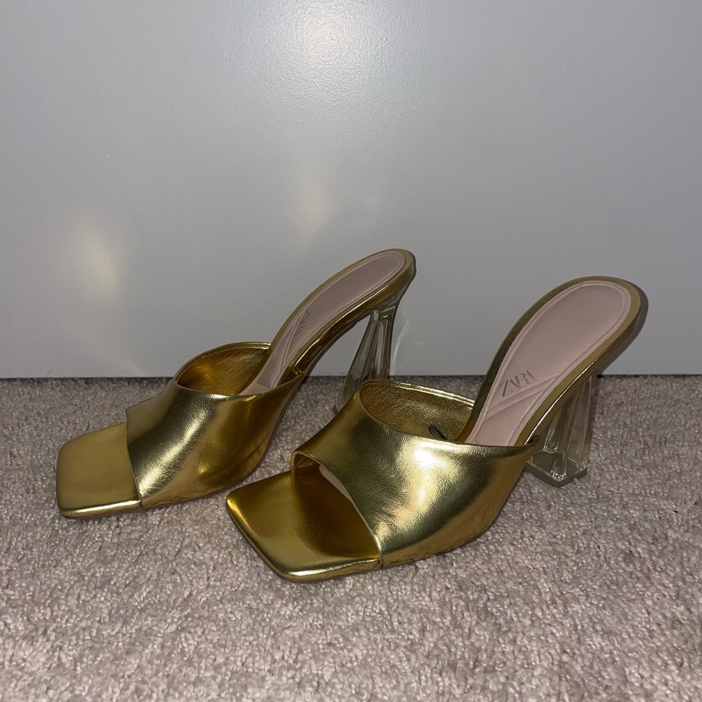Zara Methacrylate High Heel Mule Gold Size 10 Gem